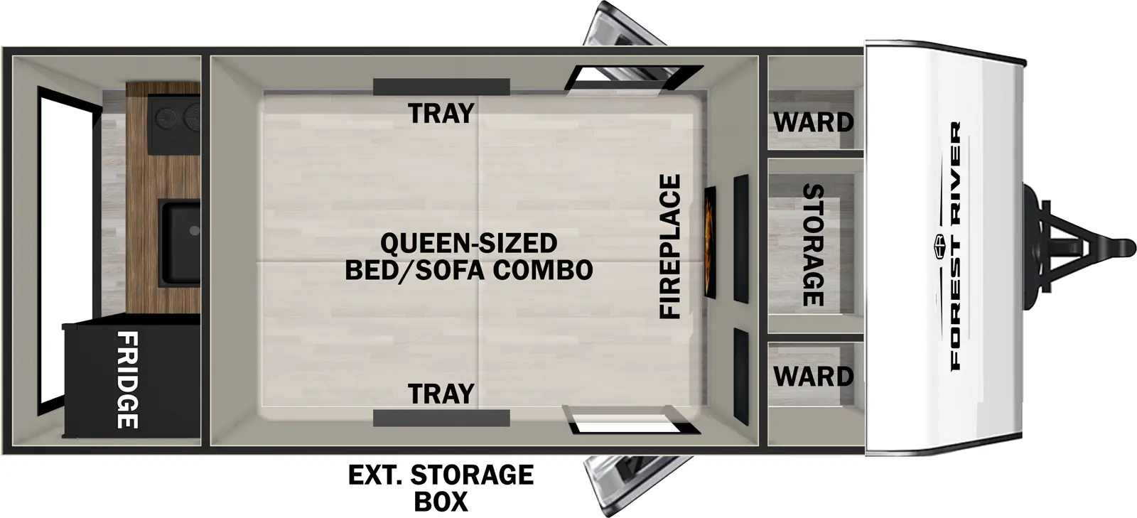 The Ibex 10RK floorplan has two entries and zero slide outs. Exterior features include: fiberglass exterior and outside kitchen. 